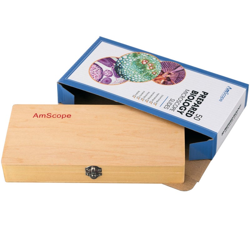 AmScope AmScope PS50A Prepared Microscope Slide Set for Basic Biological Science Education 50 Biology and Pathology Slides Includes Fitted Wooden Case  - Image 3