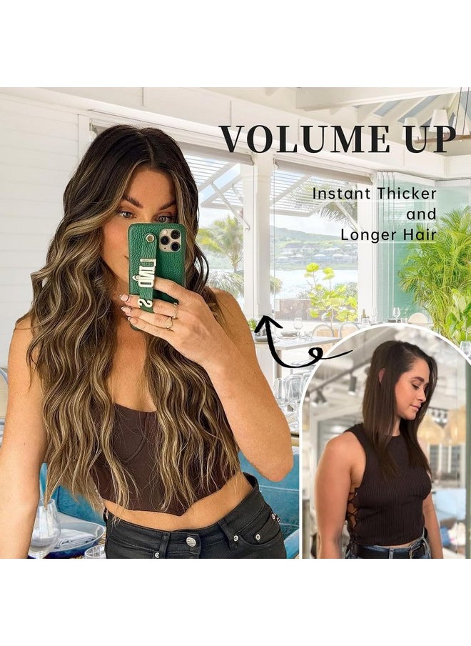 KooKaStyle - Invisible Wire Hair Extensions With Transparent Headband Adjustable Size 4 Secure Clips Long Wavy Secret Wire Hairpiece 24 Inch For Women (Balayage Chocolate Brown To Caramel Blonde) - Image 1