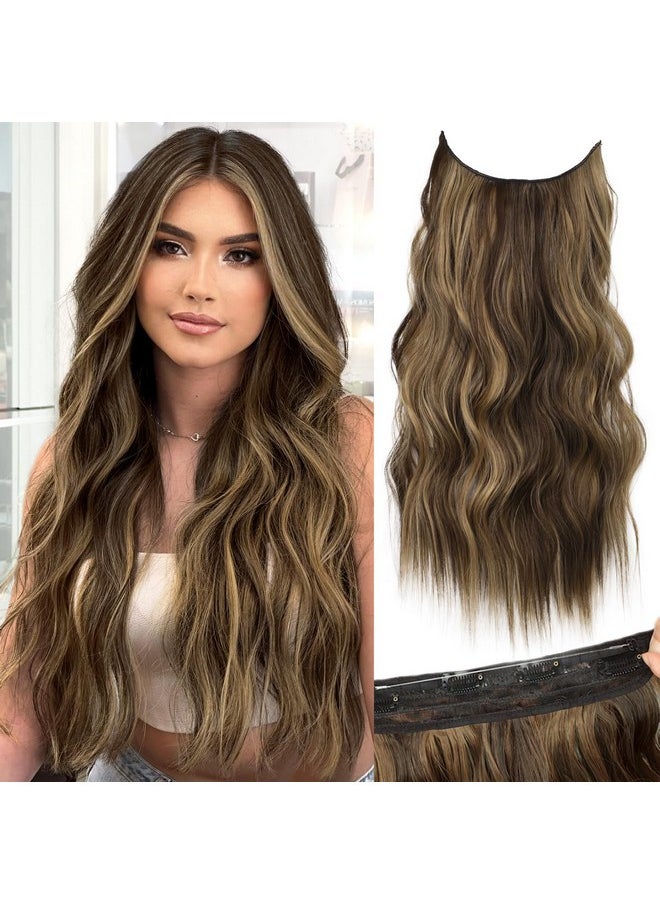 KooKaStyle - Invisible Wire Hair Extensions With Transparent Headband Adjustable Size 4 Secure Clips Long Wavy Secret Wire Hairpiece 24 Inch For Women (Balayage Chocolate Brown To Caramel Blonde) - Image 1