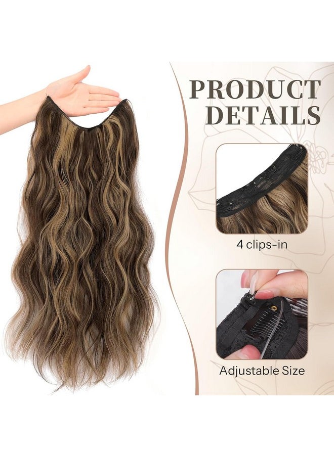 KooKaStyle - Invisible Wire Hair Extensions With Transparent Headband Adjustable Size 4 Secure Clips Long Wavy Secret Wire Hairpiece 24 Inch For Women (Balayage Chocolate Brown To Caramel Blonde) - Image 1
