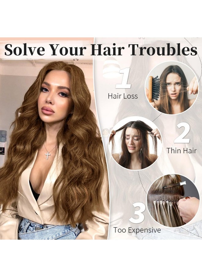 KooKaStyle - Invisible Wire Hair Extensions With Transparent Headband Adjustable Size 4 Secure Clips Long Wavy Secret Wire Hairpiece 24 Inch For Women (Balayage Chocolate Brown To Caramel Blonde) - Image 1