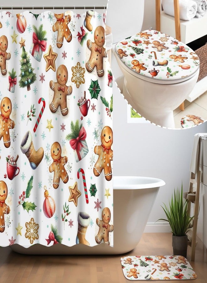 هاريكل طقم ستائر حمام هاريكل مكون من 4 قطع بنمط عيد الميلاد، ستارة حمام ريفية شتوية عتيقة مع 12 خطاف، سجادة حمام ريفية مانعة للانزلاق، غطاء مرحاض، 70.8 × 70.8 بوصة، مقاوم للماء (رجل خبز الزنجبيل). - Image 5