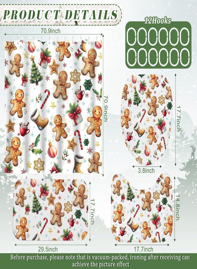 هاريكل طقم ستائر حمام هاريكل مكون من 4 قطع بنمط عيد الميلاد، ستارة حمام ريفية شتوية عتيقة مع 12 خطاف، سجادة حمام ريفية مانعة للانزلاق، غطاء مرحاض، 70.8 × 70.8 بوصة، مقاوم للماء (رجل خبز الزنجبيل). - Image 2