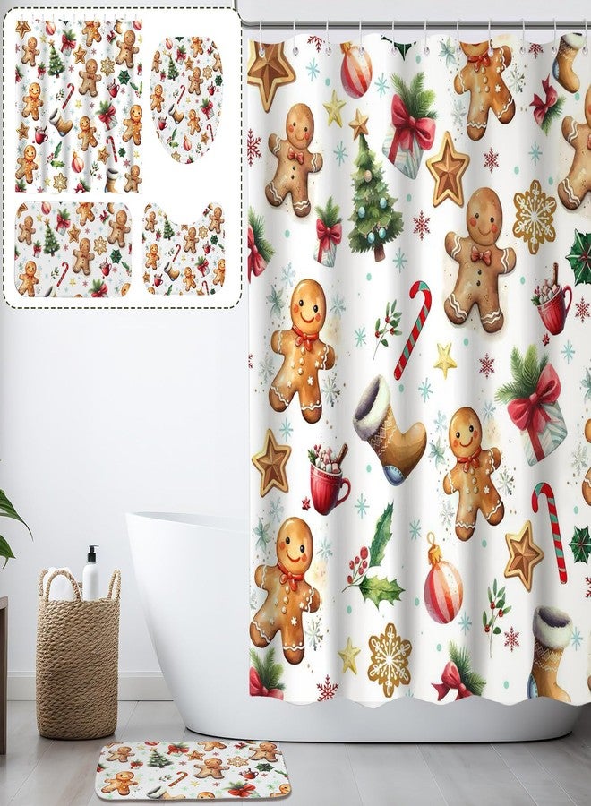 هاريكل طقم ستائر حمام هاريكل مكون من 4 قطع بنمط عيد الميلاد، ستارة حمام ريفية شتوية عتيقة مع 12 خطاف، سجادة حمام ريفية مانعة للانزلاق، غطاء مرحاض، 70.8 × 70.8 بوصة، مقاوم للماء (رجل خبز الزنجبيل). - Image 4