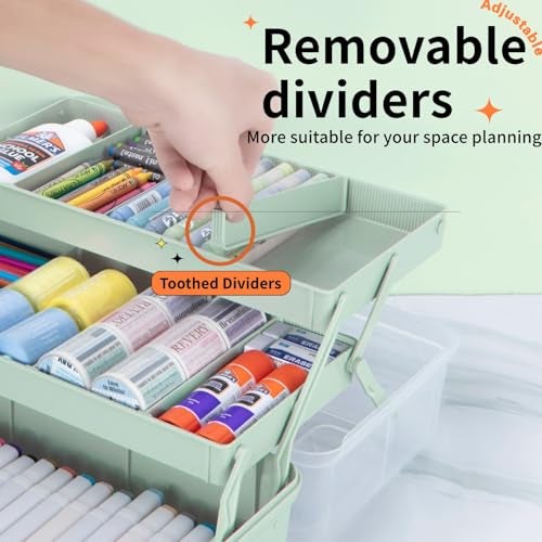 TERGOO 12.5in 3-Layer Multipurpose Craft Organizers and Storage with Adjustable Dividers, Portable Tackle Box, Folding Art & Craft Case for Medicine, Tool, Sewing Organizer (Haze Green) - Image 3