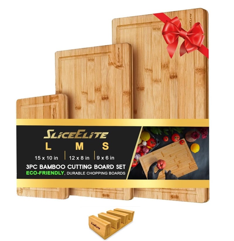 SliceElite Bamboo Cutting Board Set of 3 with Holding Rack and Silicone Feet Non Slip Storage Organizer with Handles Juice Grooves Space Saving Countertop Kitchen Wood Prep Boards Wooden Chopping - Image 1