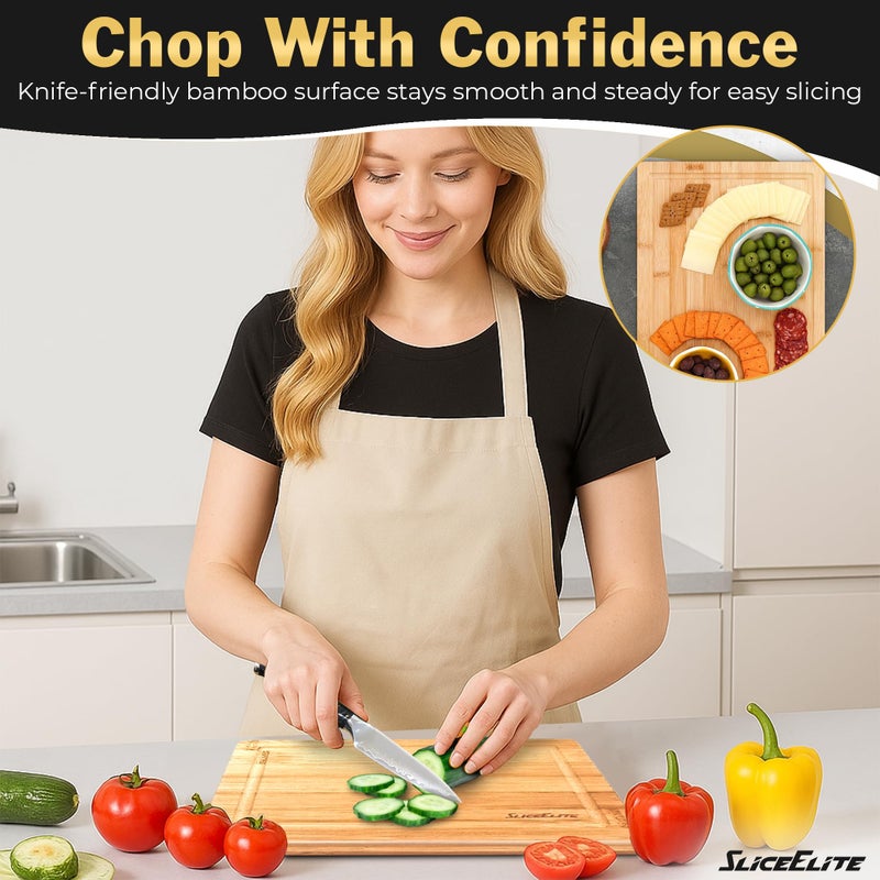 SliceElite Bamboo Cutting Board Set of 3 with Holding Rack and Silicone Feet Non Slip Storage Organizer with Handles Juice Grooves Space Saving Countertop Kitchen Wood Prep Boards Wooden Chopping - Image 2