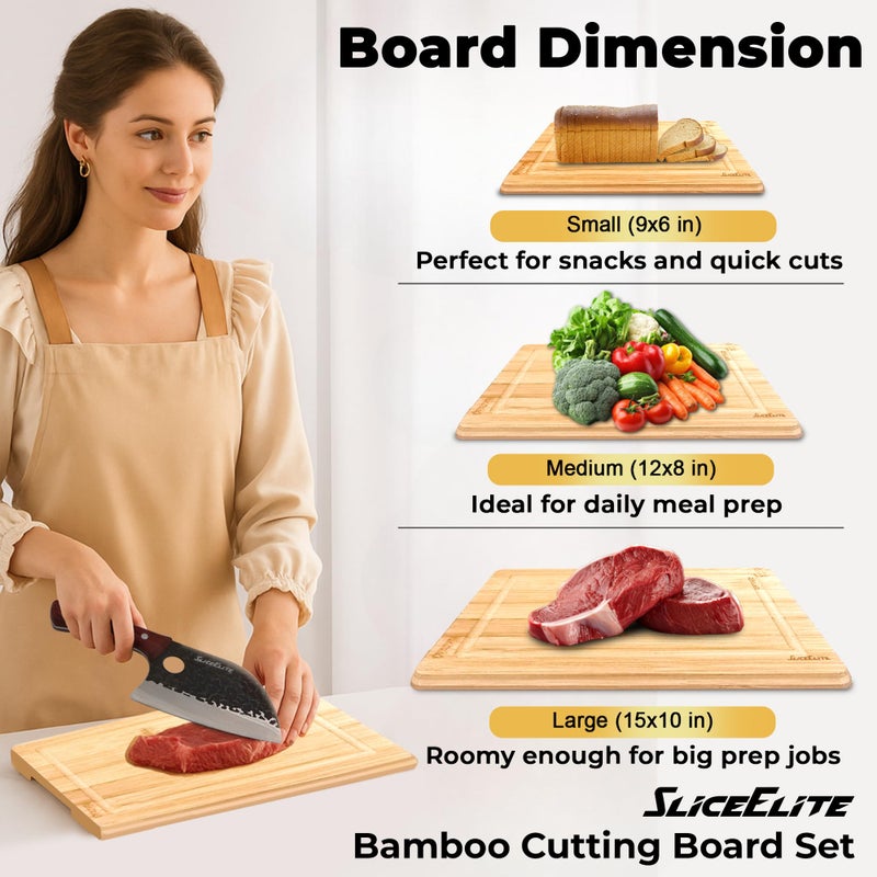 SliceElite Bamboo Cutting Board Set of 3 with Holding Rack and Silicone Feet Non Slip Storage Organizer with Handles Juice Grooves Space Saving Countertop Kitchen Wood Prep Boards Wooden Chopping - Image 4