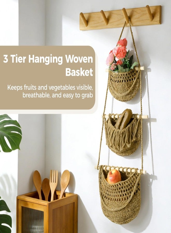 NIMBLOOM 3 Tier Hanging Fruit Basket, Rustic Woven Jute Wall Baskets with Wooden Rods, Detachable Hanging Produce Storage for Fruits Vegetables, Bohemian Wall Organizer for Kitchen Bathroom - Image 2