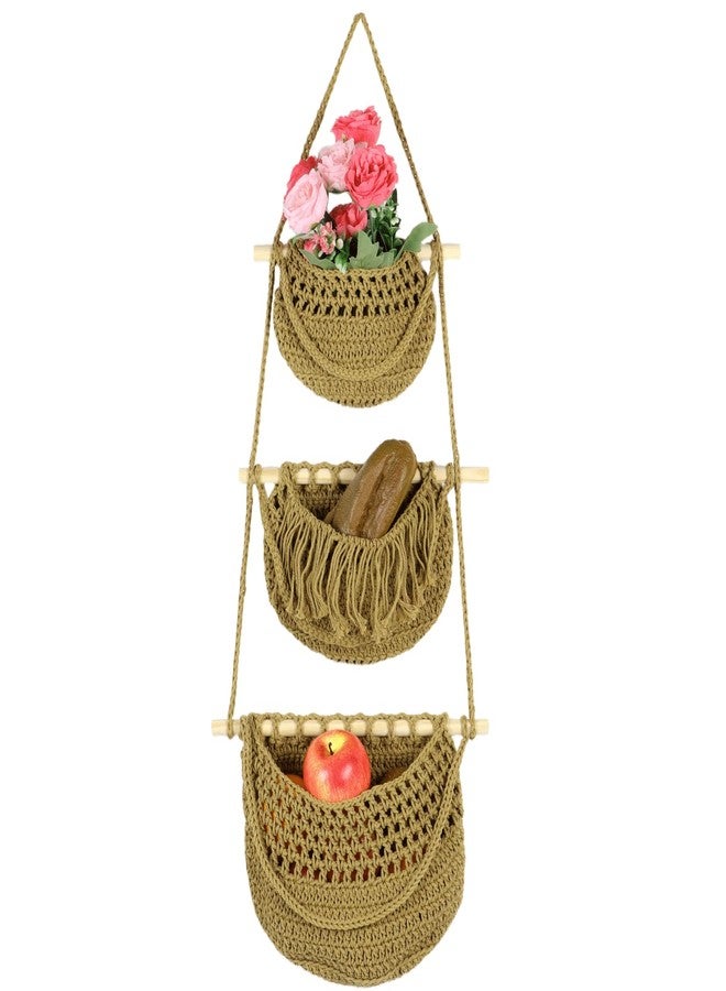 NIMBLOOM 3 Tier Hanging Fruit Basket, Rustic Woven Jute Wall Baskets with Wooden Rods, Detachable Hanging Produce Storage for Fruits Vegetables, Bohemian Wall Organizer for Kitchen Bathroom - Image 1