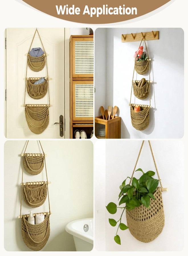 NIMBLOOM 3 Tier Hanging Fruit Basket, Rustic Woven Jute Wall Baskets with Wooden Rods, Detachable Hanging Produce Storage for Fruits Vegetables, Bohemian Wall Organizer for Kitchen Bathroom - Image 5