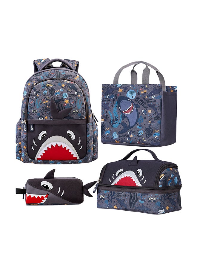 Nohoo Set Of 4 16 Inch School Bag With Lunch Bag, Handbag And Pencil Case Shark - Grey  - Image 1