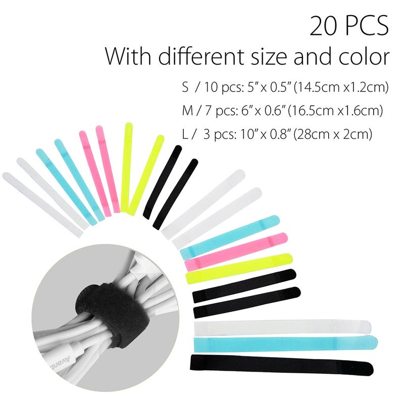 Avantree Pack of 20 Reusable Cord Organizer Keeper Holder, Fastening Cable Ties Straps for Earbud Headphones Phones Electronics Electrical Computer PC Wire Wrap Management, Assorted 3 Size and 5 Color - Image 2