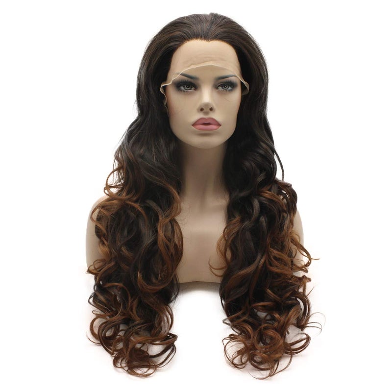 Lushy Lace Front Synthetic Wig Long Wavy Dark Root Auburn Ombre Wig Half Hand Tied Heat Friendly Wig