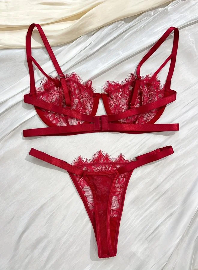 تايك تو Burgundy All-Over Lace Non Padded Wired Balconette Bra and Thong Lingerie Set