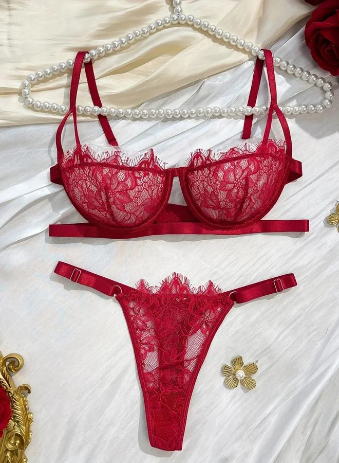 تايك تو Burgundy All-Over Lace Non Padded Wired Balconette Bra and Thong Lingerie Set