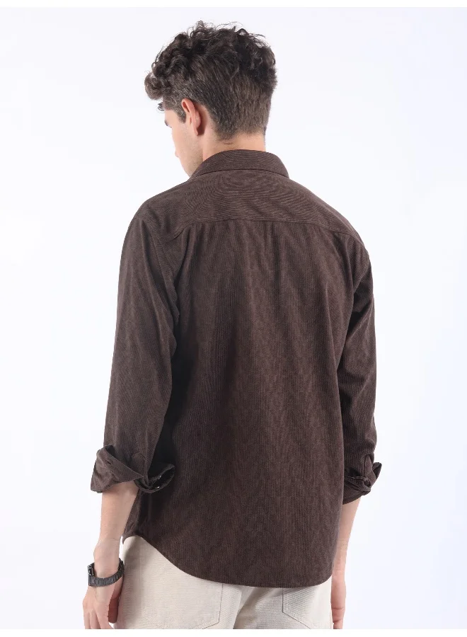 Beyoung Brown Lazer Cut Stripe Textured Corduroy Shirt