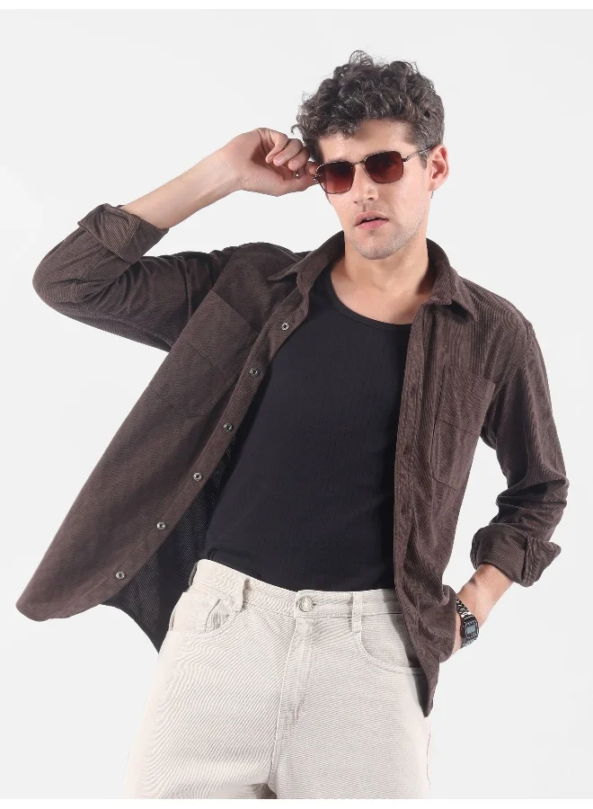 Beyoung Brown Lazer Cut Stripe Textured Corduroy Shirt