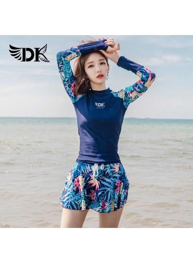 Dk Women's Two-piece Swimsuit, Korean Style, Conservative, Tummy-concealing, Slimming, Hot Spring, Sports Swimming Costume, Navy Blue Floral, Long Sleeve Skirt, XL - Image 3
