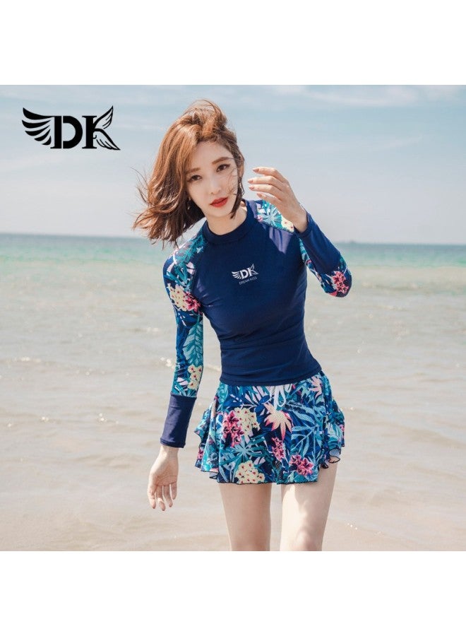Dk Women's Two-piece Swimsuit, Korean Style, Conservative, Tummy-concealing, Slimming, Hot Spring, Sports Swimming Costume, Navy Blue Floral, Long Sleeve Skirt, XL - Image 4