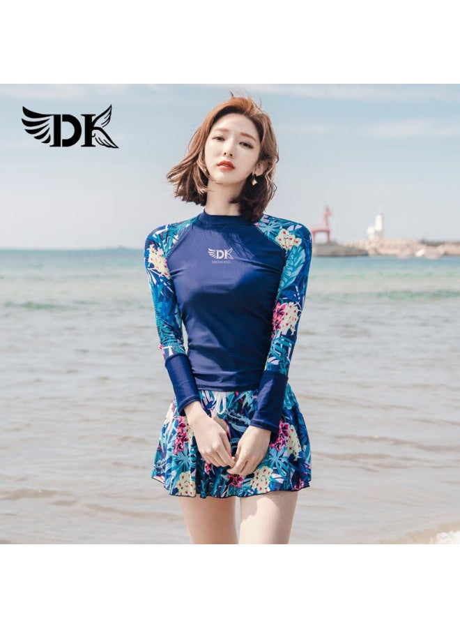 Dk Women's Two-piece Swimsuit, Korean Style, Conservative, Tummy-concealing, Slimming, Hot Spring, Sports Swimming Costume, Navy Blue Floral, Long Sleeve Skirt, XL - Image 2