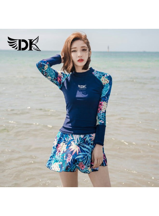 Dk Women's Two-piece Swimsuit, Korean Style, Conservative, Tummy-concealing, Slimming, Hot Spring, Sports Swimming Costume, Navy Blue Floral, Long Sleeve Skirt, XL - Image 1