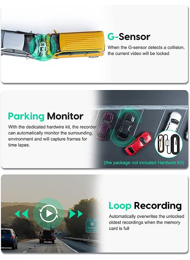 مي فازا - 1080P DVR dashcam الأمامية والمدمج في الجانب الأيسر والأيمن كاميرا ثلاثية سيارة dashcam 2 بوصة شاشة IPS dashcam المدمج في واي فاي 64G الاستشعار وقوف السيارات رصد حلقة تسجيل - Image 1