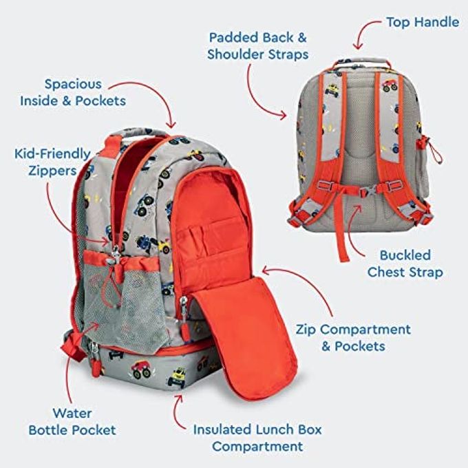 Bentgo Kids 2-in-1 Backpack & Insulated Lunch Bag Durable 16 Backpack & Lunch Container in Unique Prints for School & Travel Water Resistant, Padded & Large Compartments (Trucks) - Image 3