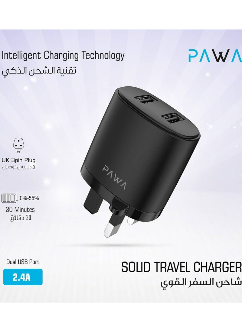 Pawa - Solid Travel Charger Dual USB Port 2.4A With Lightning Cable- Black - Image 1