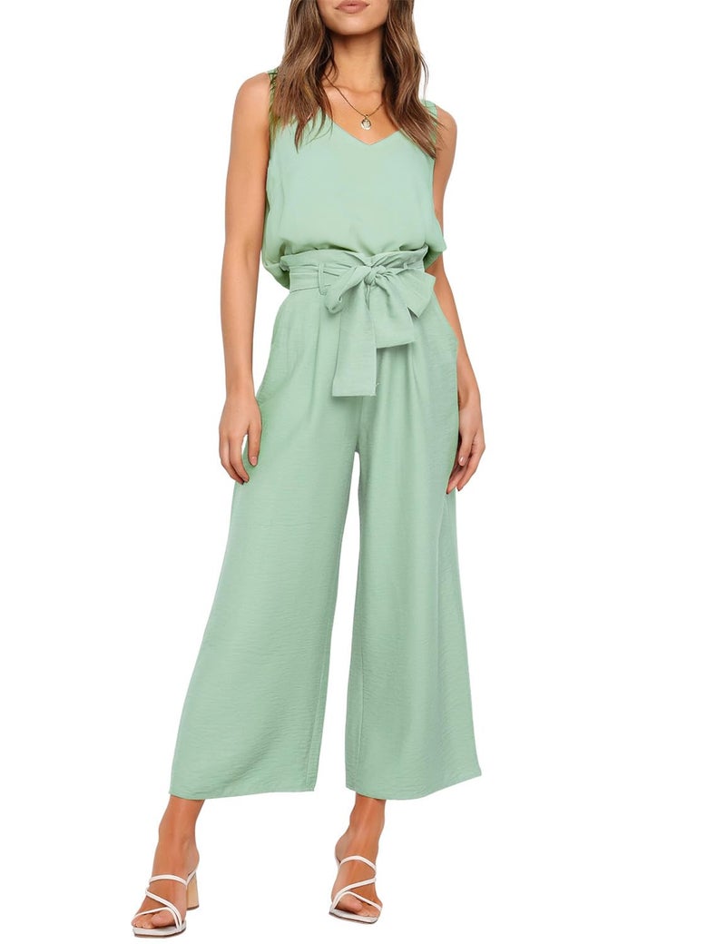 FANCYINN Womens 2 Piece Crop Pants Set V Neck Tank Wide Strap Tops High Waisted Cropped Paper Bag Pants with Belt Mint Green Top & Wide Leg pant S - Image 1