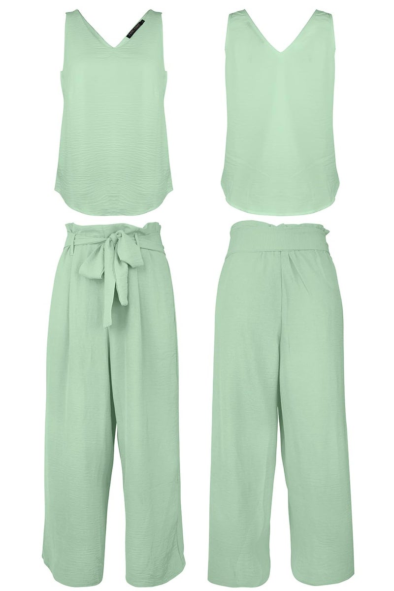 FANCYINN Womens 2 Piece Crop Pants Set V Neck Tank Wide Strap Tops High Waisted Cropped Paper Bag Pants with Belt Mint Green Top & Wide Leg pant S - Image 5
