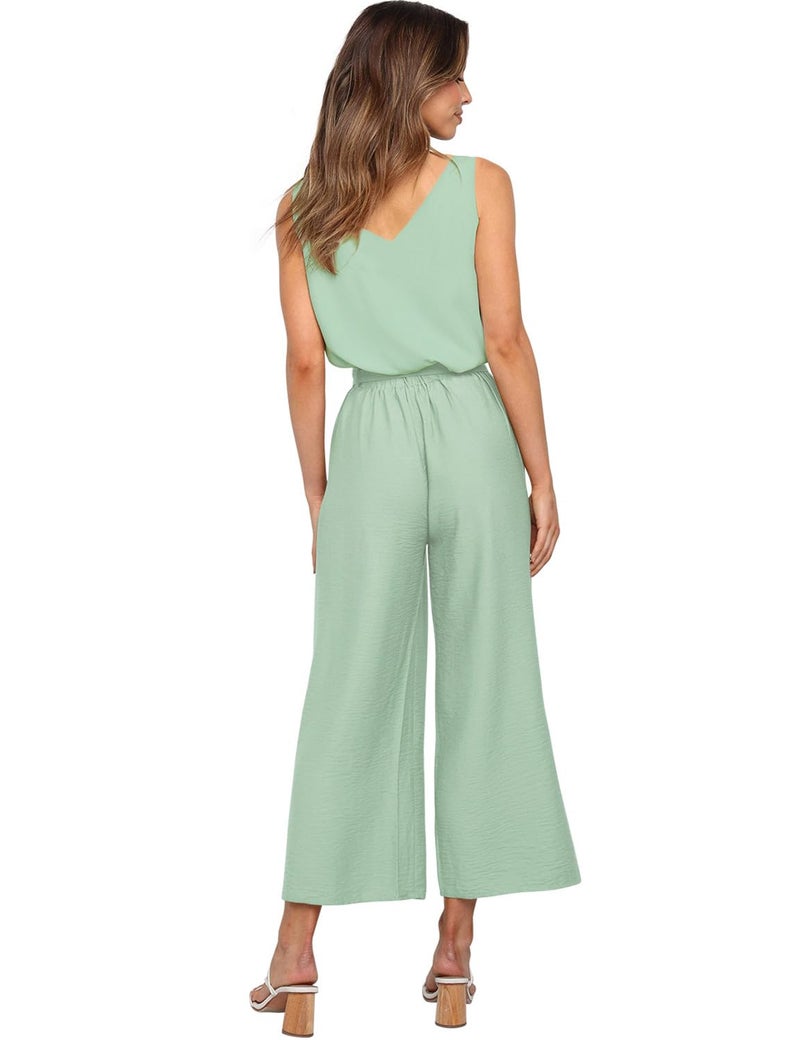 FANCYINN Womens 2 Piece Crop Pants Set V Neck Tank Wide Strap Tops High Waisted Cropped Paper Bag Pants with Belt Mint Green Top & Wide Leg pant S - Image 4