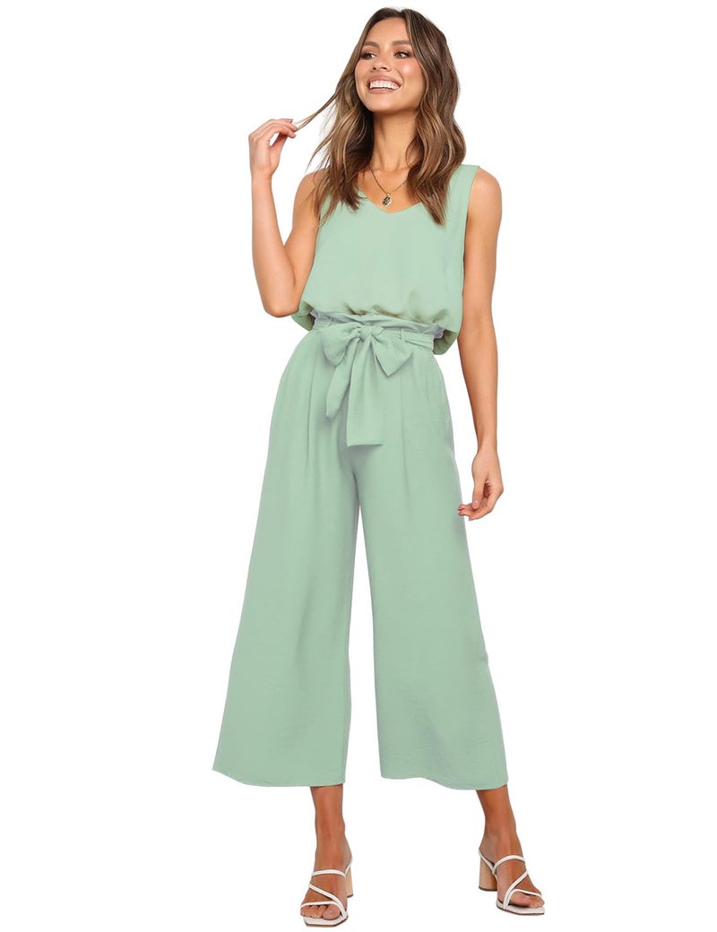 FANCYINN Womens 2 Piece Crop Pants Set V Neck Tank Wide Strap Tops High Waisted Cropped Paper Bag Pants with Belt Mint Green Top & Wide Leg pant S - Image 3