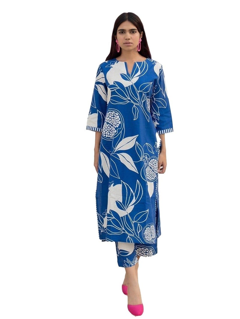 LookMark Women's Floral Printed Kurti Pant Set with 3/4th Sleeves, Calf Length and V-Neck (AZ-LM-OG-KS2144-M) Blue - Image 1