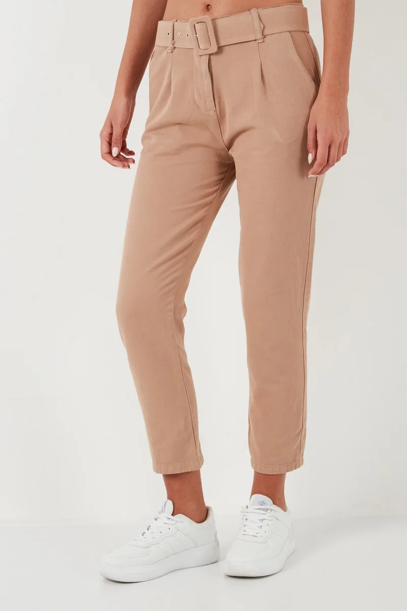 Lela Cotton Normal Waist Regular Fit Belted Trousers Women's Trousers 668YP4152
