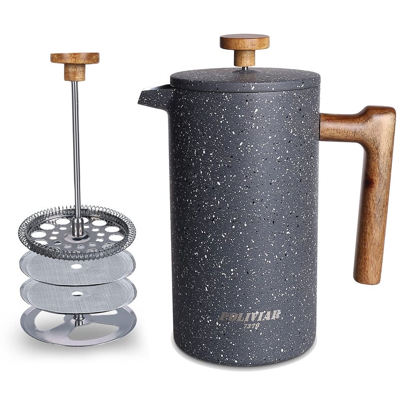 POLIVIAR 7379 POLIVIAR French Press Coffee Maker 34 Ounce Coffee Press with Real Wood Handle Double Wall Insulation  DualFilter Screen Food Grade Stainless Steel for Good Coffee and Tea Lava 