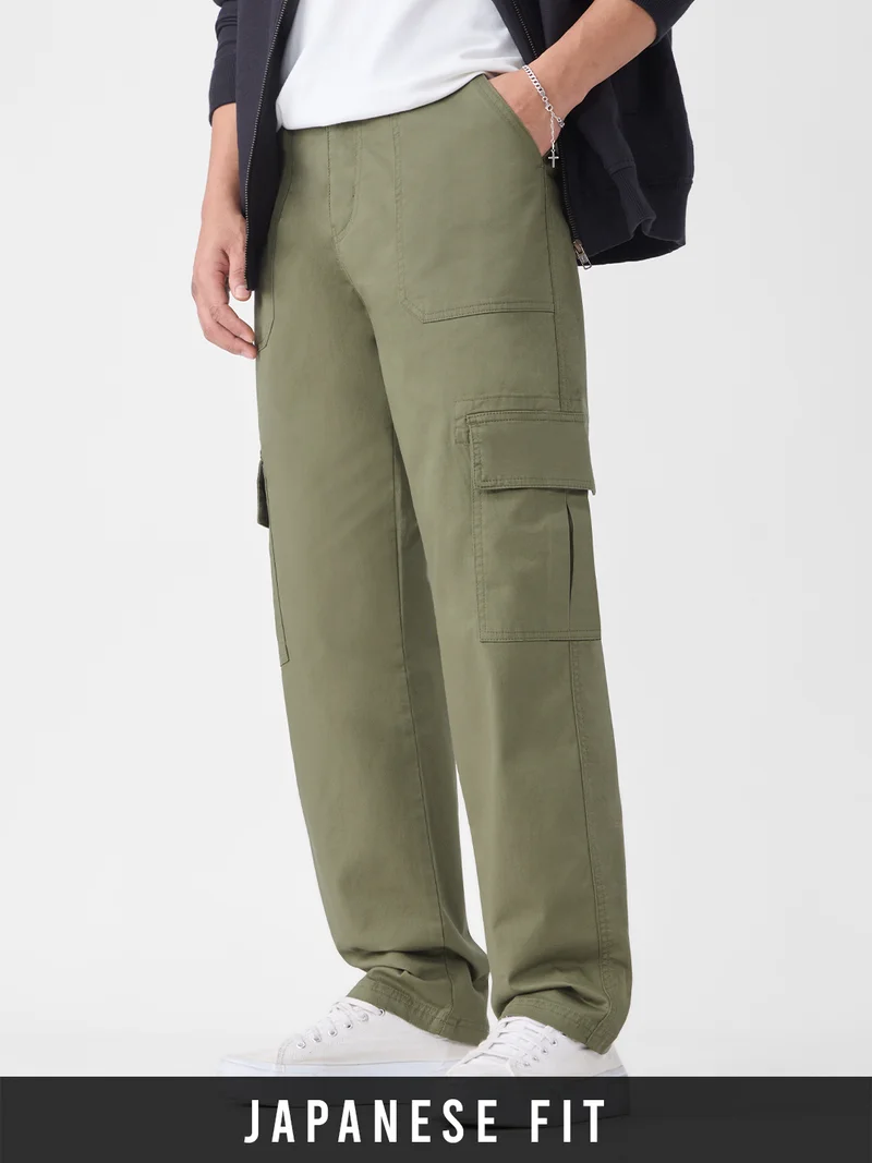 Utility Line: Quiet Leaf Men and Boys Buttoned Waistband Solid Cotton Twill Japanese Fit Lightweight Stretchable Multi-Pocket Cargo Pants