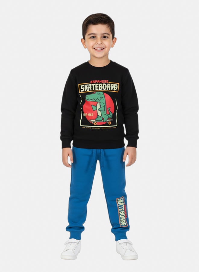 اوركيدز طقم بيجامة قطن للأولاد – أسود/أزرق بطباعة ديناصور على لوح تزلج - Image 3