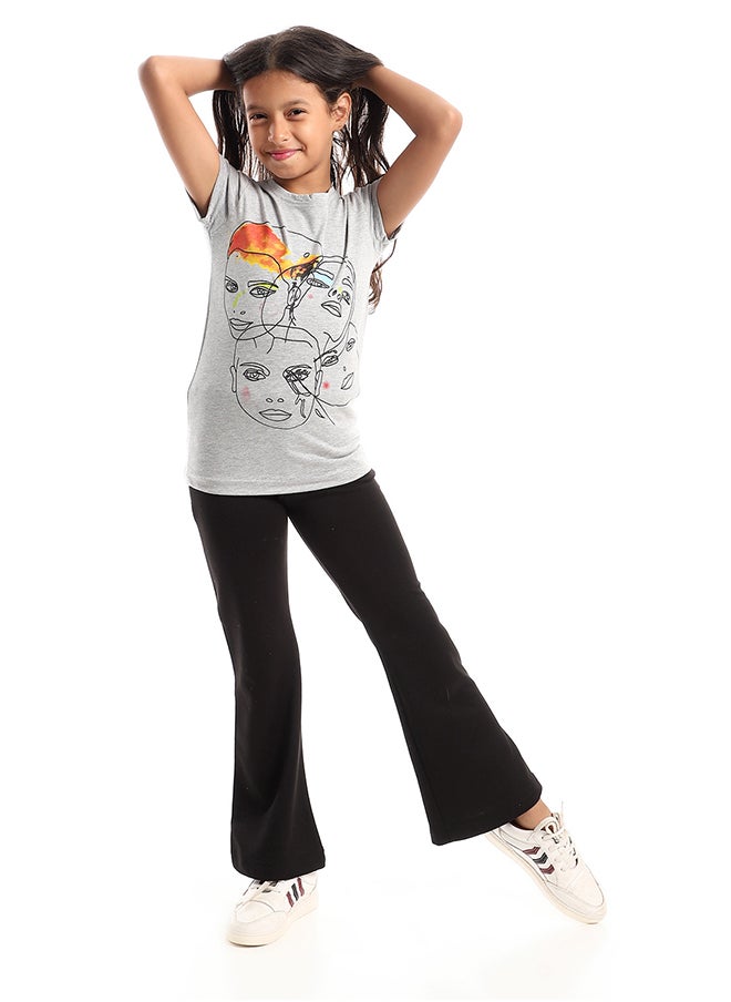 Andora - Intersecting Abstract Faces Prints Tee - Grey, Black & Orange - Image 1