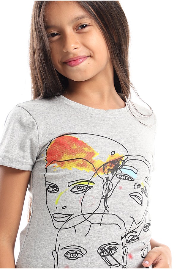 Andora - Intersecting Abstract Faces Prints Tee - Grey, Black & Orange - Image 1