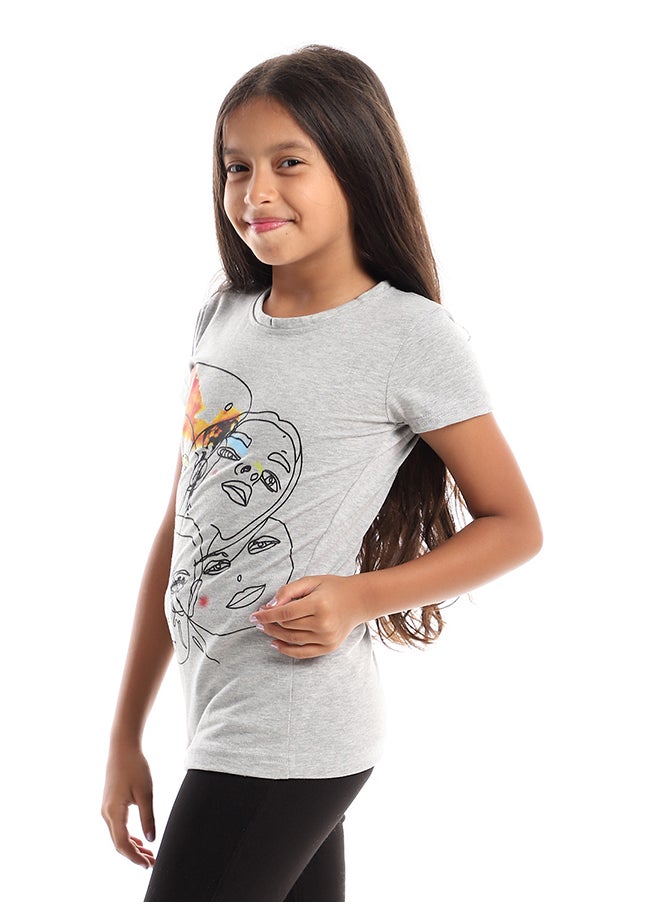 Andora - Intersecting Abstract Faces Prints Tee - Grey, Black & Orange - Image 1