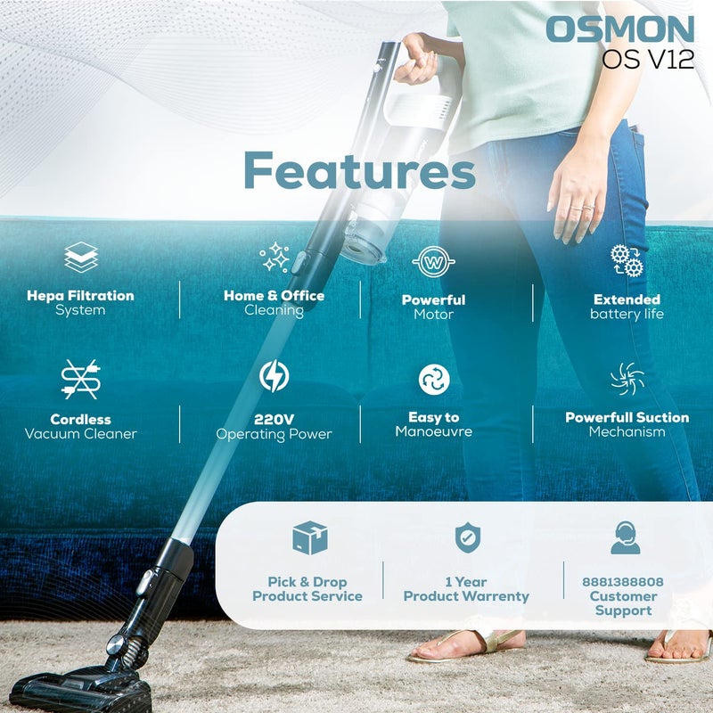 OSMON OS V12 Wireless Rechargable Cordless Vacuum Cleaner for Home Car Sofa Floor Carpet Dust Pet Hair Surfaces Corners - Image 4