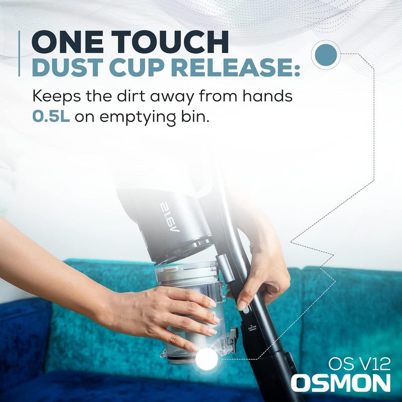 OSMON OS V12 Wireless Rechargable Cordless Vacuum Cleaner for Home Car Sofa Floor Carpet Dust Pet Hair Surfaces Corners - Image 3