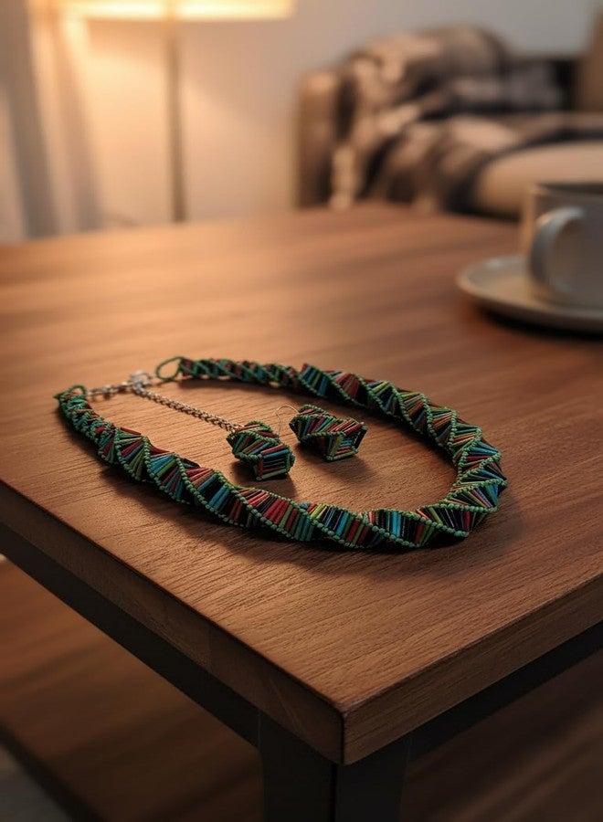 دي سي أيه طقم عقد وأقراط مصنوع يدويًا من خرز البوق الملتوي من DCA، متعدد الألوان، ألوان الخريف، نمط بوهو، مشبك ذهبي قابل للتعديل للملابس الهندية الغربية، الكورتي، الساري للنساء والفتيات (زيتوني/أحمر/فيروزي) - Image 3