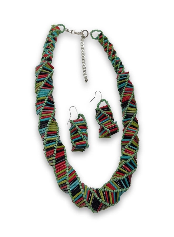 دي سي أيه طقم عقد وأقراط مصنوع يدويًا من خرز البوق الملتوي من DCA، متعدد الألوان، ألوان الخريف، نمط بوهو، مشبك ذهبي قابل للتعديل للملابس الهندية الغربية، الكورتي، الساري للنساء والفتيات (زيتوني/أحمر/فيروزي) - Image 1