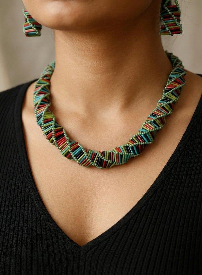 دي سي أيه طقم عقد وأقراط مصنوع يدويًا من خرز البوق الملتوي من DCA، متعدد الألوان، ألوان الخريف، نمط بوهو، مشبك ذهبي قابل للتعديل للملابس الهندية الغربية، الكورتي، الساري للنساء والفتيات (زيتوني/أحمر/فيروزي) - Image 2