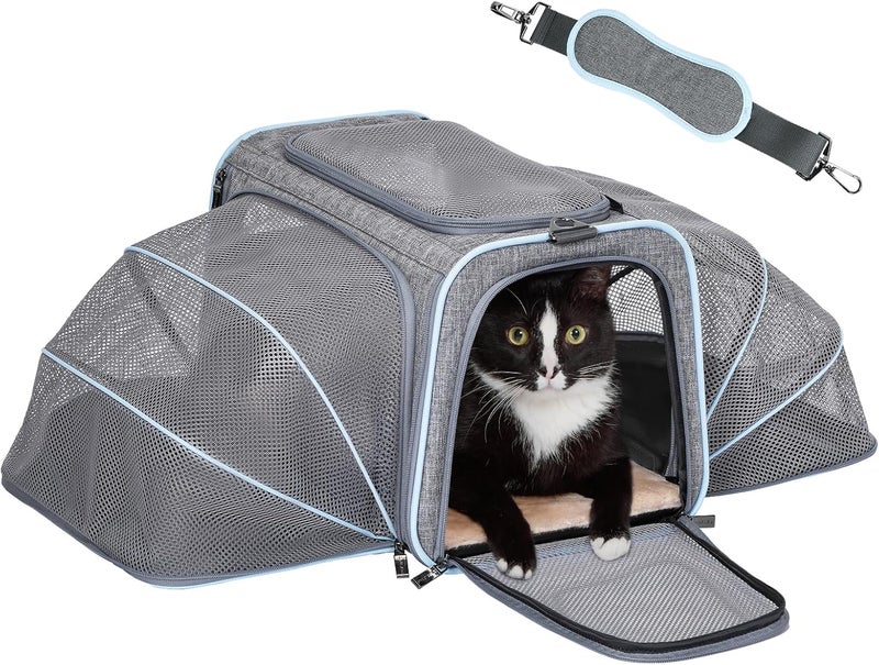 Petsfit Foldable Cat and Dog Transport Bag, Expandable Cat Transport Box with Shoulder Strap, Dog Carrier, Flight Bag, Oxford Fabric for Cats and Dogs, M/Grey/Double-Sided - Image 1