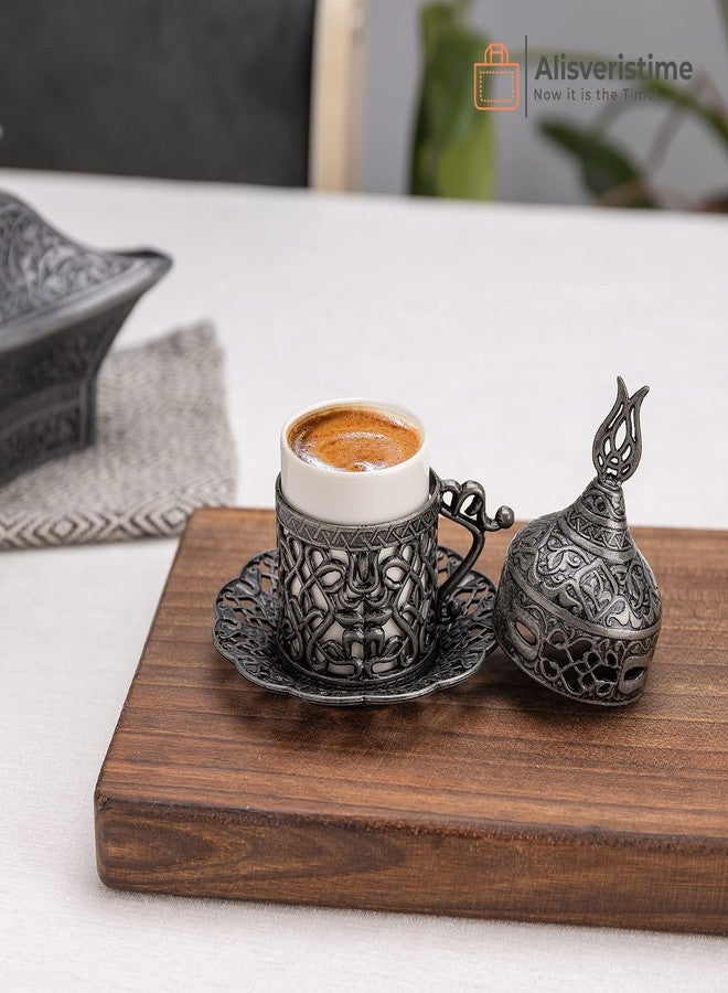 Alisveristime Turkish Coffee Set for Two - Authentic Ottoman Style Cups, Saucers, and Serving Tray with Lale Motifs (Acur) (Black) - Image 2