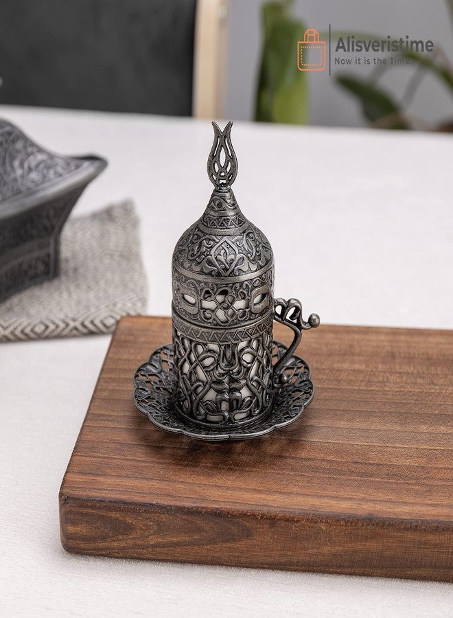 Alisveristime Turkish Coffee Set for Two - Authentic Ottoman Style Cups, Saucers, and Serving Tray with Lale Motifs (Acur) (Black) - Image 4