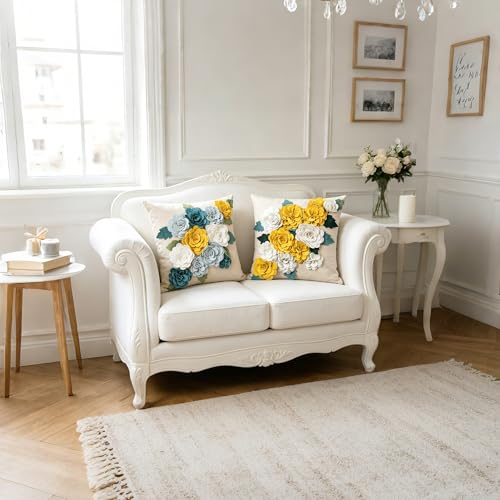 KINGROSE 3D Flower Throw Pillow Cover Home Decorative Accent Pillow Case Sham Square Cushion Cover Sofa Bed Couch Living Room 18 x 18 Inches Yellow White - Image 2